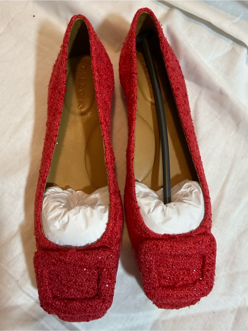 Talbots Red Tweed Square-Toe Flats with Decorative Buckle